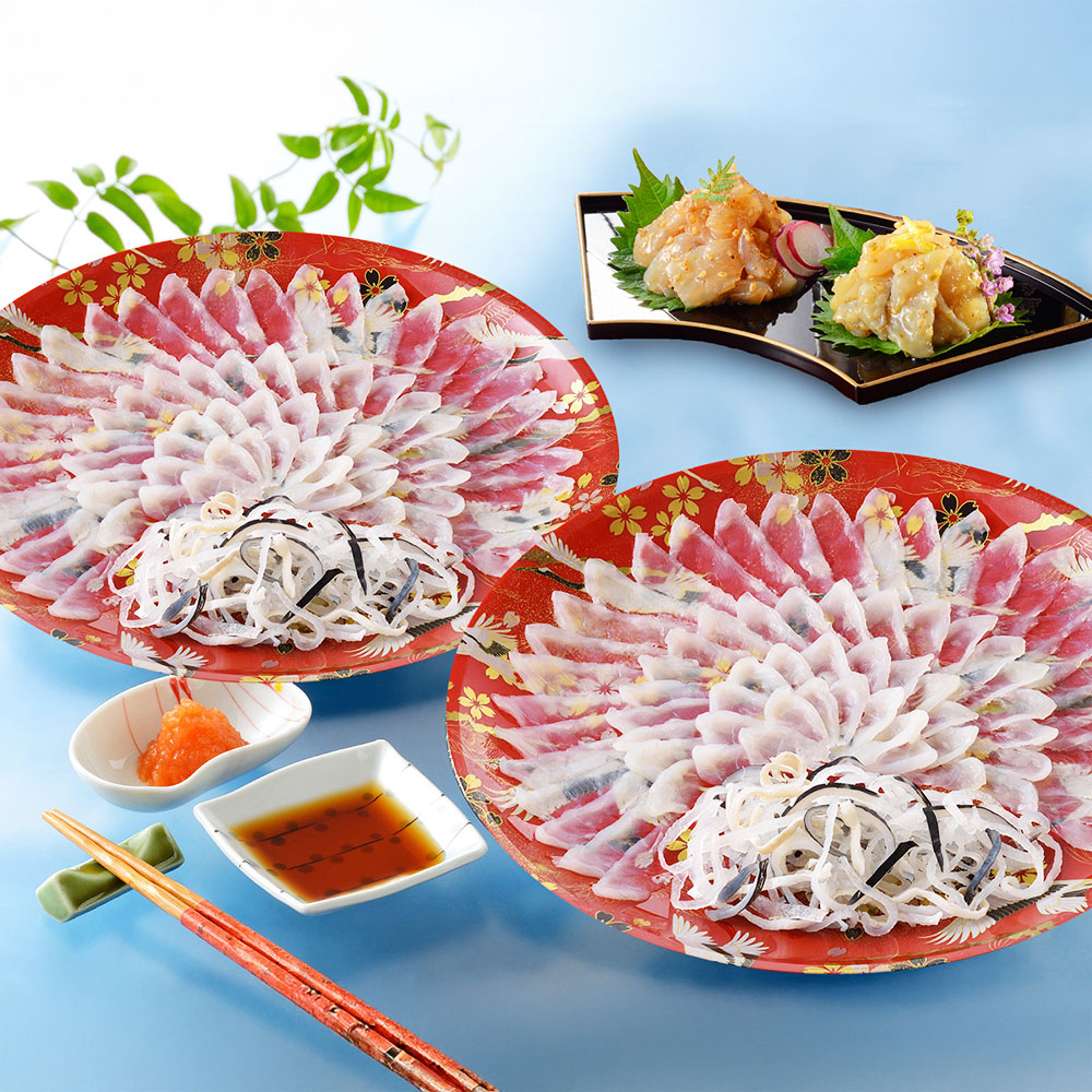 「関とら本店」 とらふく刺身・とらふく塩辛セット （とらふぐ刺身90g×2、とらふぐ皮30g×2、とらふぐ塩辛60g×2、とらふぐ塩辛（ゆず胡椒風味）60g）