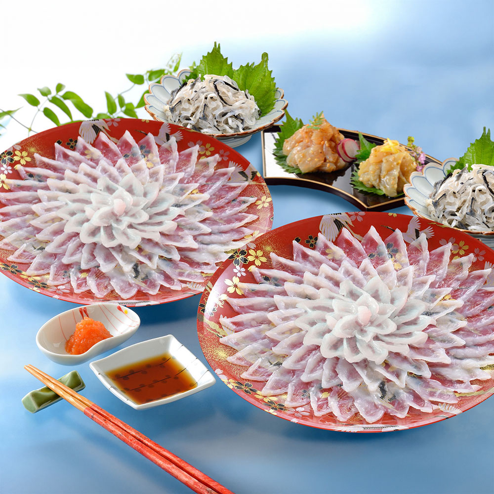 「関とら本店」 とらふく刺身・とらふく塩辛セット (とらふぐ刺身135g×2、とらふぐ皮30g×2、とらふぐ塩辛60g、とらふぐ塩辛(ゆず胡椒風味)60g)