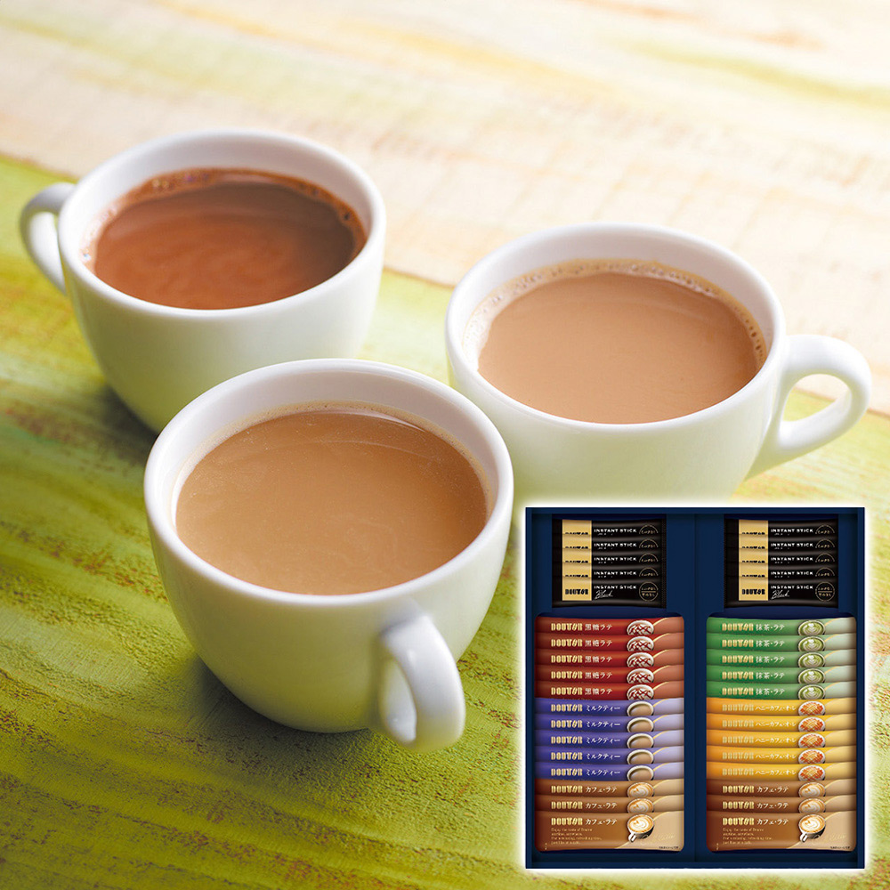 ドトールコーヒー インスタントスティックアソートギフト(カフェラテ×6本・ハニーカフェオレ・黒糖ラテ・ミルクティー・抹茶ラテ各5本・ブラックコーヒー×10本)