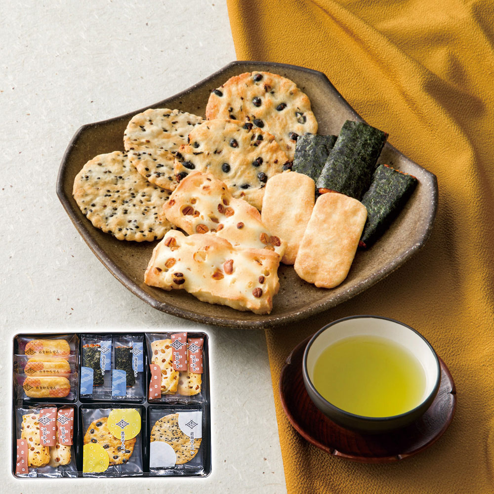 岩塚製菓 新潟物語 米菓詰合せ 5種(あまからせん(2枚入)7袋・胡麻せんべい(1枚入)6袋・黒豆せんべい(1枚入)5袋・豆おかき(1枚入)10袋・海苔巻おかき(1枚入)8袋)