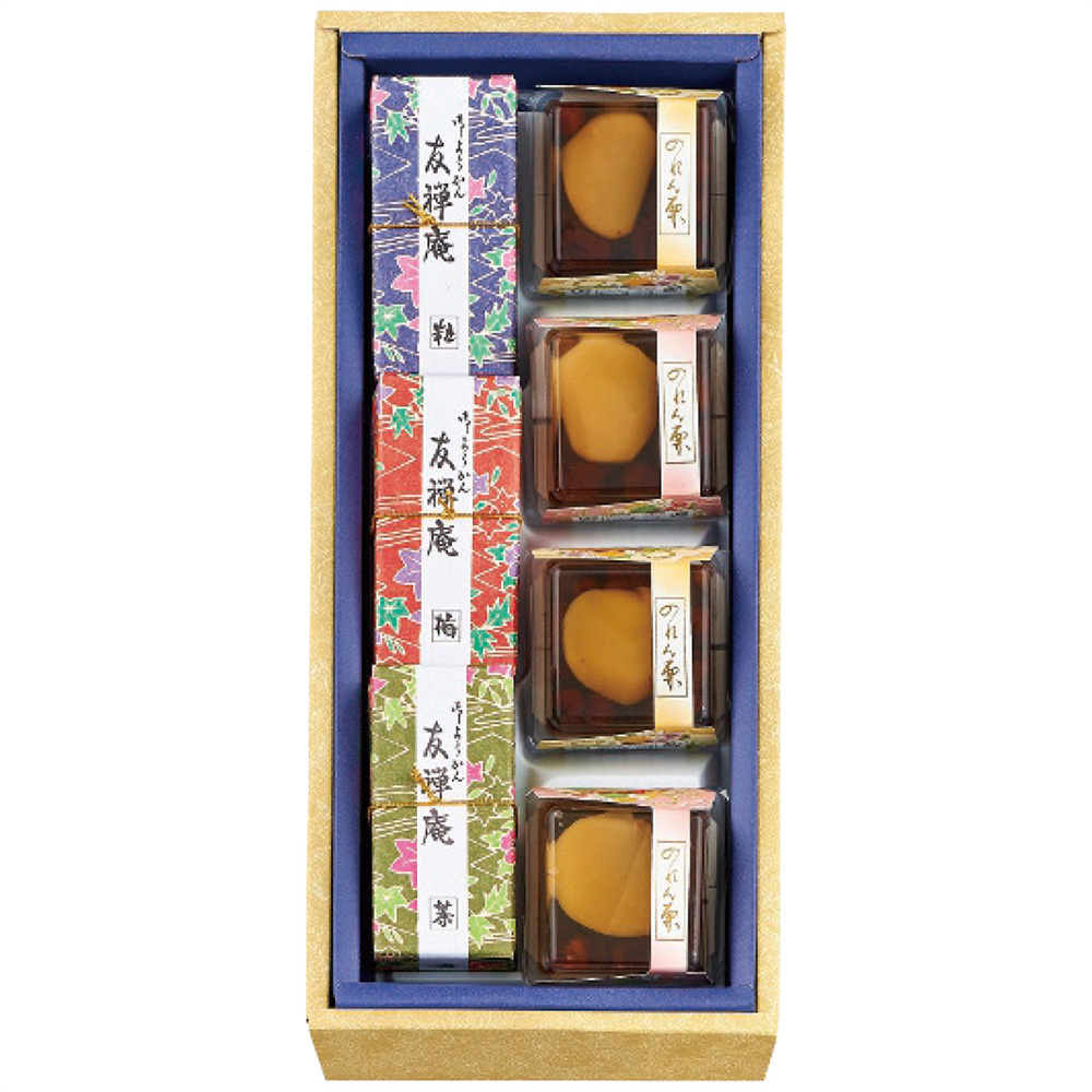 河内駿河屋 花利休 和菓子詰合せ(羊羹(粒・梅・茶各1個)・のれん栗4個)