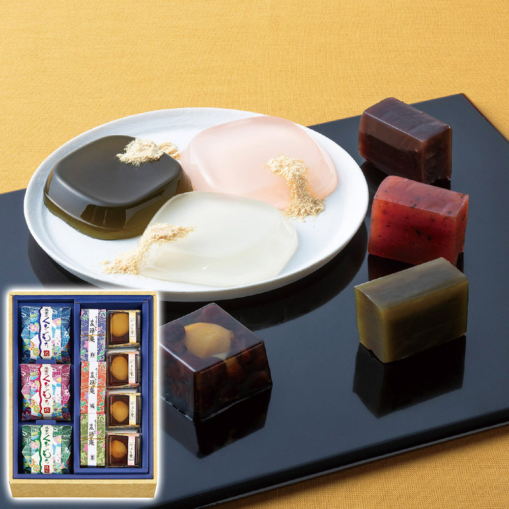 河内駿河屋 花利休 和菓子詰合せ(羊羹(粒・梅・茶)・くずもち(純・桜・抹茶)各1個・のれん栗4個)