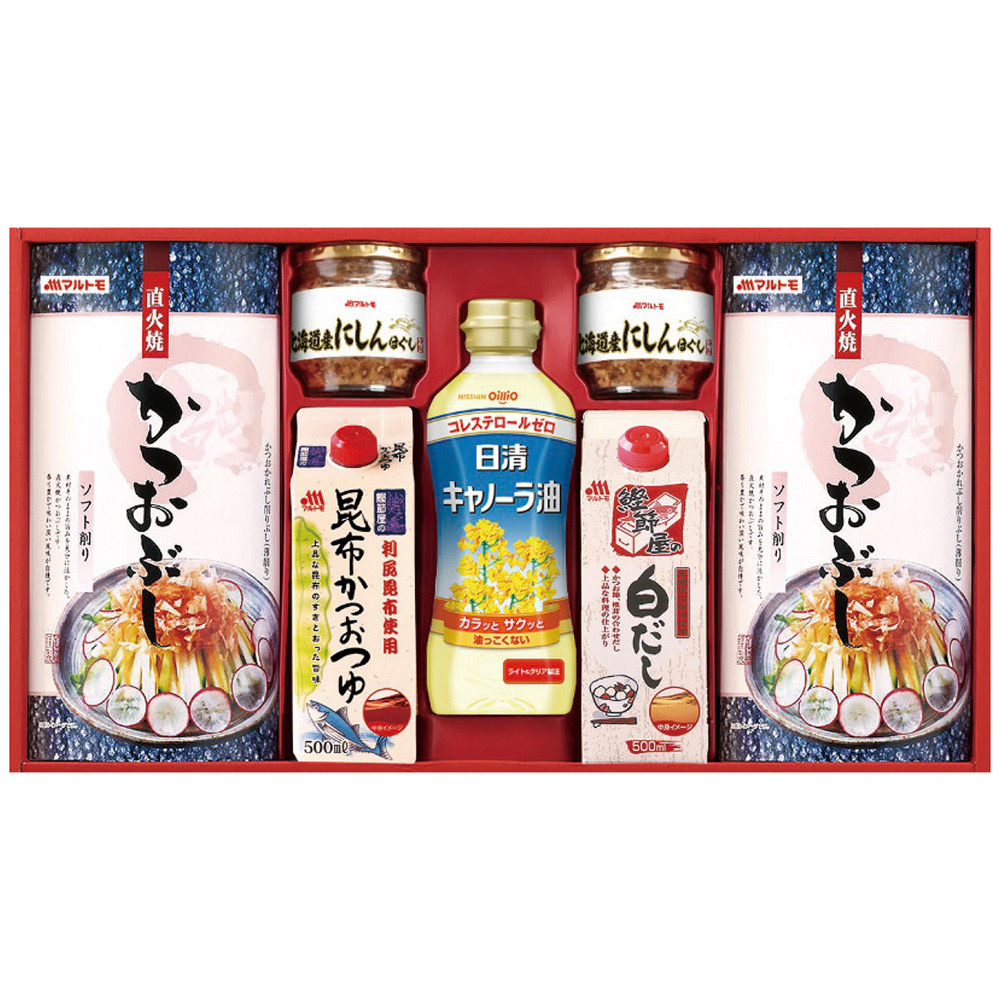 マルトモ かつお節・調味料ギフト(直火焼ソフトパック7袋2箱・昆布かつおつゆ・鰹節屋の白だし・日清キャノーラ油各1本・にしんほぐし2瓶)
