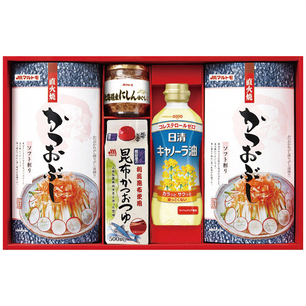 マルトモ かつお節・調味料ギフト(直火焼ソフトパック7袋2箱・昆布かつおつゆ・日清キャノーラ油各1本・にしんほぐし1瓶)