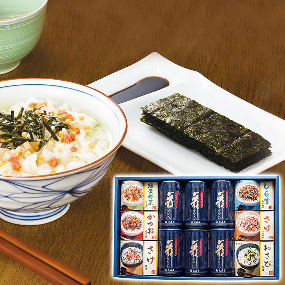 大森屋 卓上のり・お茶漬・ふりかけ詰合せ（味付のり(10切32枚)6個・ふりかけ(緑黄野菜・かつお・さけ・しらす各10袋1箱)・茶漬(さけ6袋・わさび6袋各1箱)）