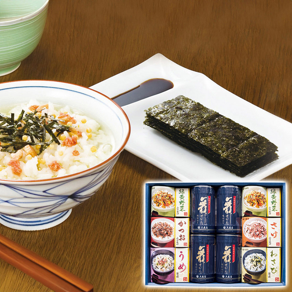 大森屋 卓上のり・お茶漬・ふりかけ詰合せ(味付のり(10切32枚)4個・ふりかけ(緑黄野菜10袋2箱・かつお・さけ各10袋1箱)・茶漬(うめ6袋・わさび6袋各1箱))