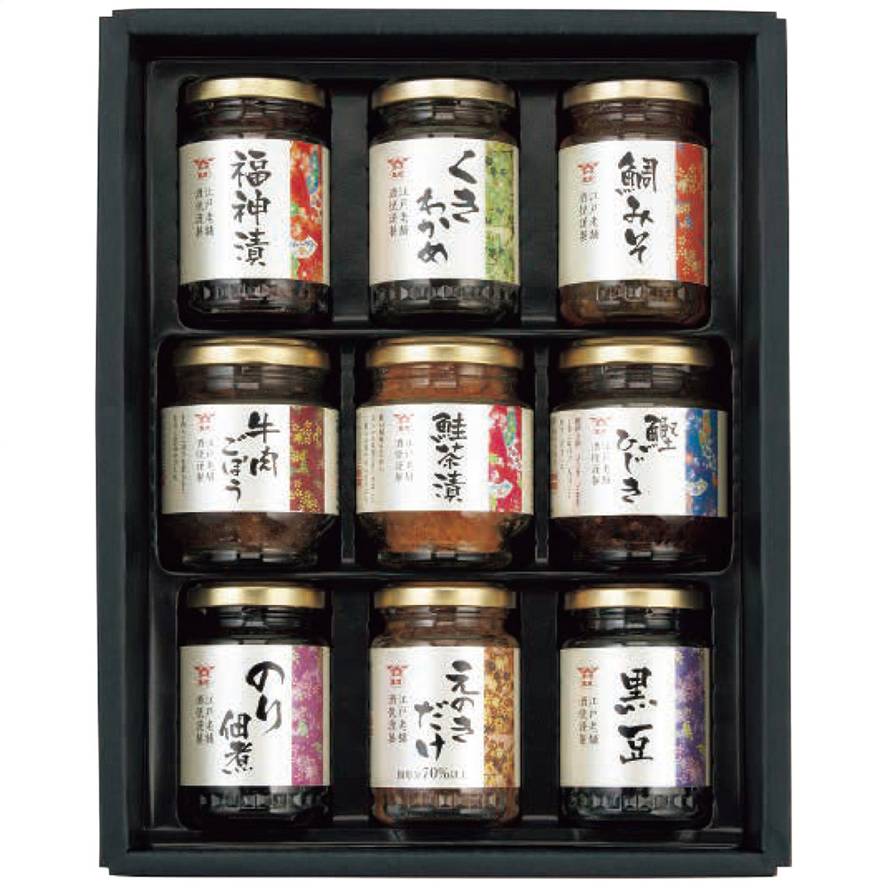 酒悦 山海探幸 佃煮詰合せ(福神漬・くきわかめ・鯛みそ・鰹ひじき・鮭茶漬・牛肉ごぼう・のり佃煮・えのきだけ・黒豆各1瓶)