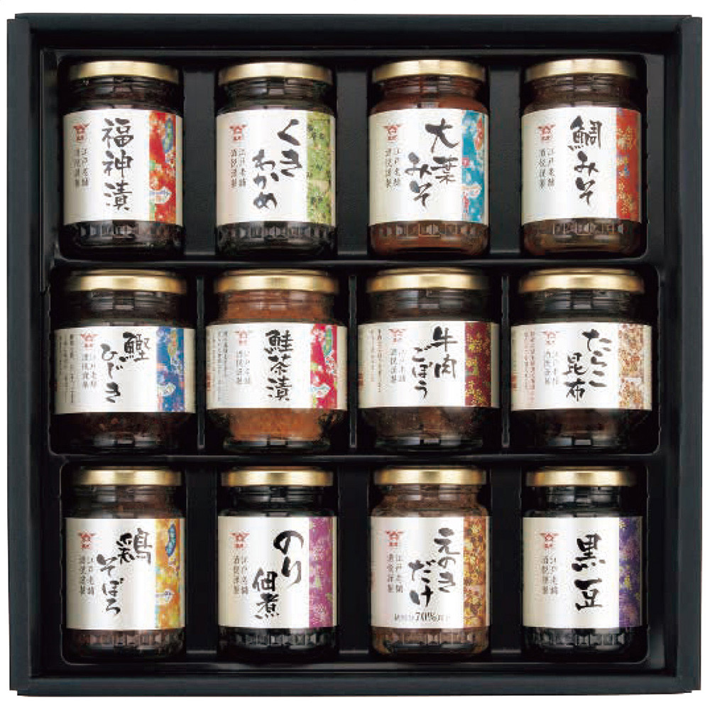 酒悦 山海探幸 佃煮詰合せ（福神漬・くきわかめ・大葉みそ・鯛みそ・鰹ひじき・鮭茶漬・牛肉ごぼう・たらこ昆布・鶏そぼろ・のり佃煮・えのきだけ・黒豆各1瓶）