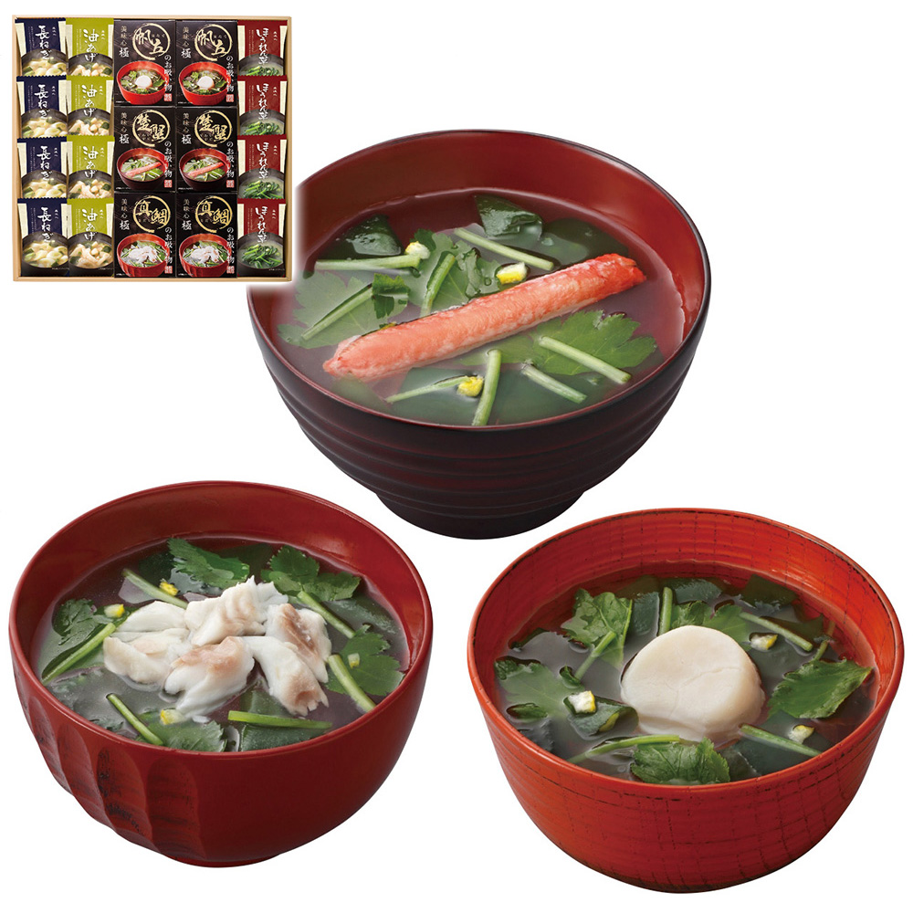 美味心 極 お吸い物&みそ汁ギフト(味噌汁(油あげ・ほうれん草・長ねぎ各4袋)・お吸い物(真鯛・帆立・楚蟹各2袋))
