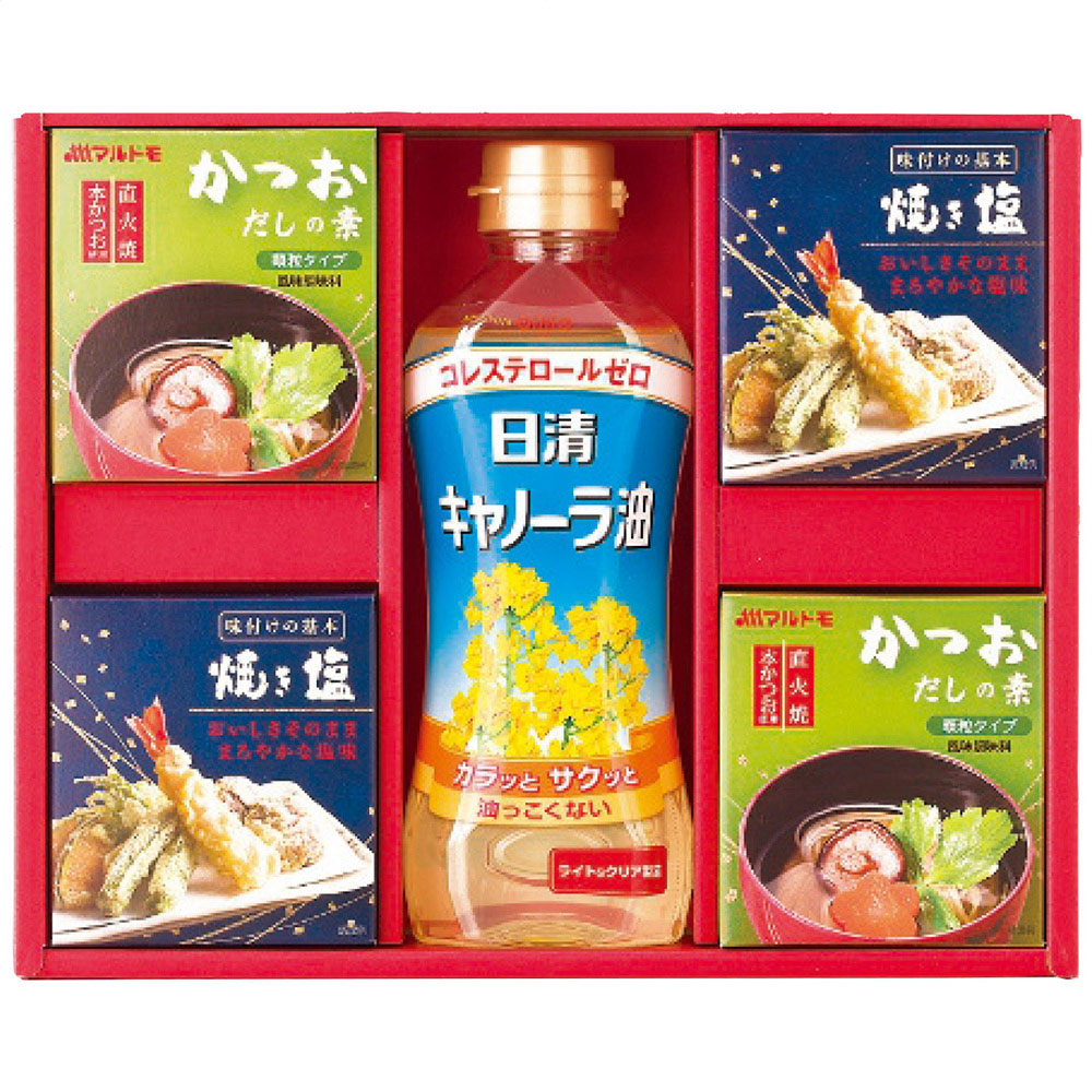 バラエティ調味料ギフト(キャノーラ油1本・かつおだしの素・焼き塩各2箱)