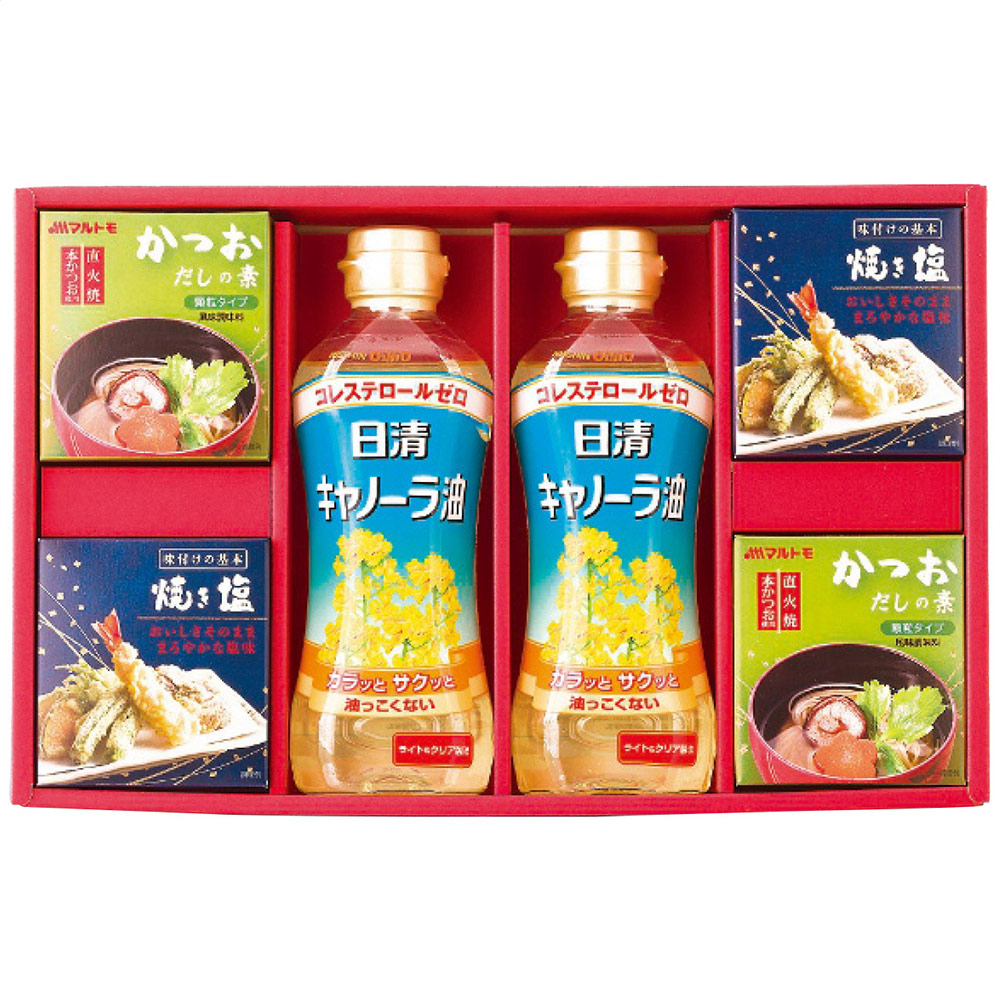 バラエティ調味料ギフト(キャノーラ油2本・かつおだしの素・焼き塩各2箱)