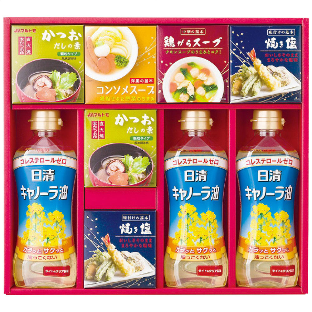 バラエティ調味料ギフト(キャノーラ油3本・かつおだしの素・焼き塩各2箱・鶏がらスープ・コンソメスープ各1箱)