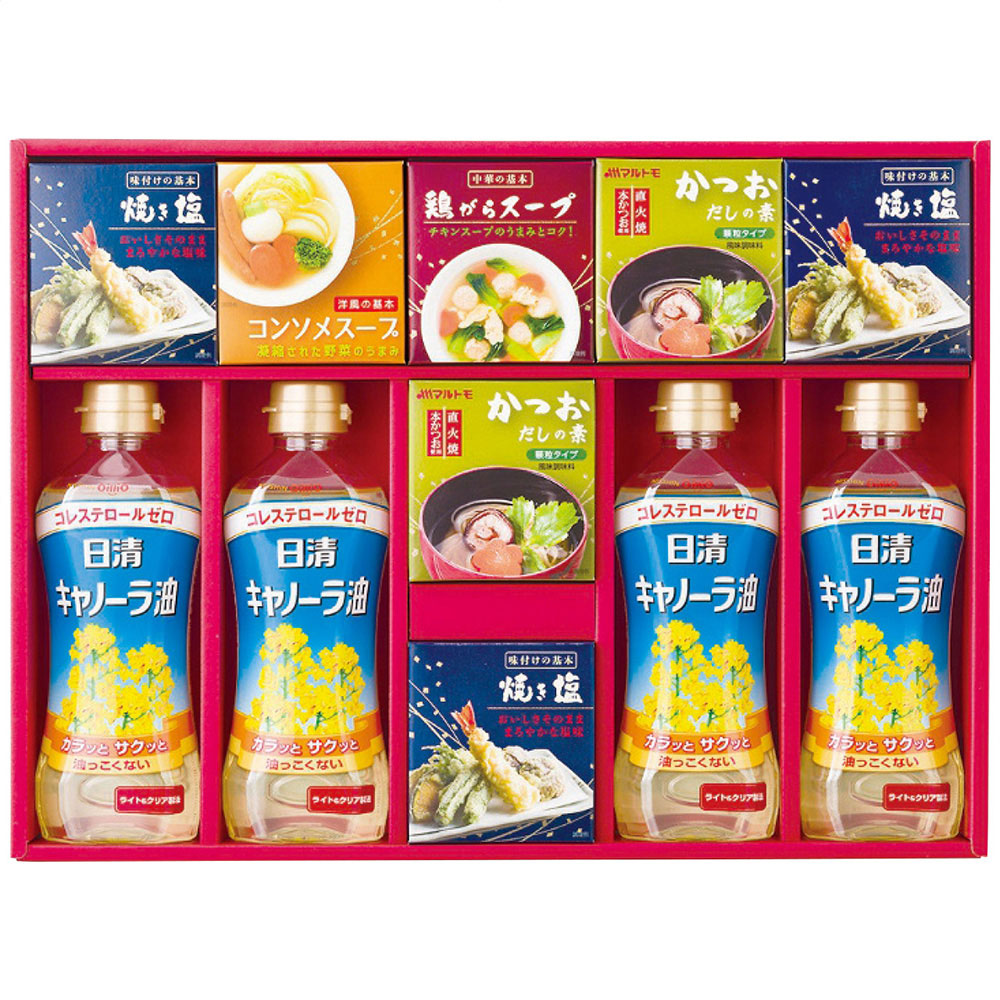 バラエティ調味料ギフト(キャノーラ油4本・かつおだしの素2箱・焼き塩3箱・鶏がらスープ・コンソメスープ各1箱)