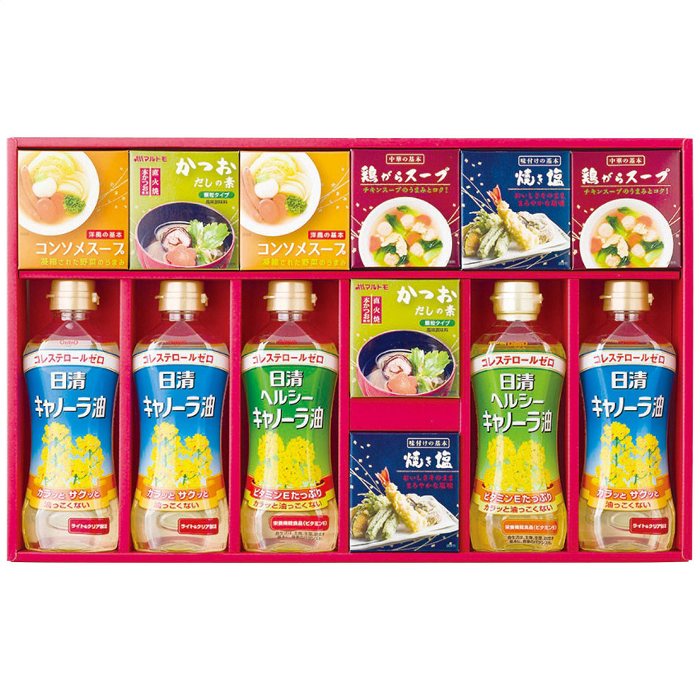 バラエティ調味料ギフト(キャノーラ油3本・ヘルシーキャノーラ油2本・かつおだしの素・焼き塩・鶏がらスープ・コンソメスープ各2箱)