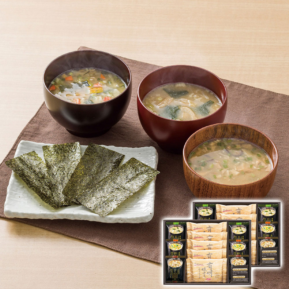 フリーズドライみそ汁&有明味のりセット(マルコメ京懐石(野菜・きのこ・長ねぎ各4個)・白子有明味のり(8切8枚)10個)